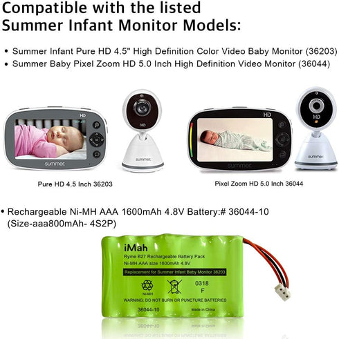 iMah Replacement Ni-MH AAA 1600mAh 4.8V Battery 36044-10 for Summer Pure HD 4.5 Inch Monitor 36203 36203-2, Baby Pixel Zoom HD 5.0 Inch 36044...