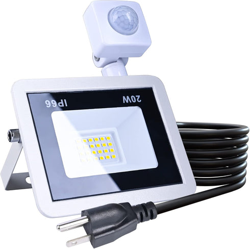 20W Plug in LED Motion Sensor Flood Light, PIR Induction Lamp, Dusk to Dawn Outdoor Auto ON/Off, 6500K Security Spot Daylight, IP66 Rainproof Work...