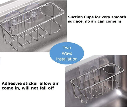 Sink Caddy Sponge Holder for Kitchen Sink 2 Suspension Options(Suction Cups and Adhesive Hook), SUS304 Stainless Steel, Silver...