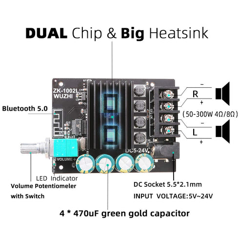 Bluetooth Amplifier Board, 100W+100W Peak Output Power, 2.0 Channel DC:8-24V, Password Free Connect, BT 5.0 AMP Board for DIY Wireless Speakers Bo...