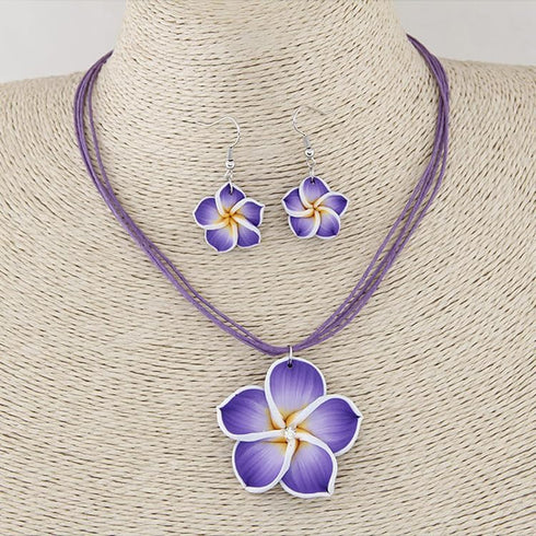 Hawaiian Colorful Plumeria Flower Necklace Earrings Set - Tropical Beach Party Accessories for Women Vacation Luau Events Jewelry...