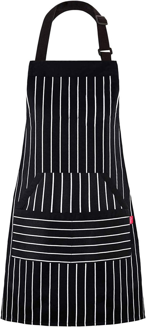 Kitchen Cooking Apron for Women and Men, Adjustable Chef Bib Apron with Pockets - 32" x 28" - Black/White Pinstripe- 1 Pcs...