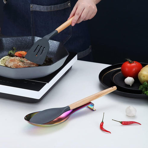 Matte Rainbow Spoon Rest, Stainless Steel Holder for Stove Top, Kitchen Utensils for Ladles, Tongs, Spatula, Pot Lid, Dishwasher Safe (1PC-9.5 Inc...