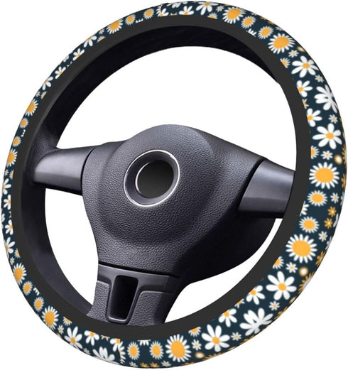 Daisy Flowers Car Steering Wheel Cover, White and Yellow Daisy Print Auto Steering Wheel Cover for Women, Anti-Slip Universal Fit 14.5-15 inch Car...