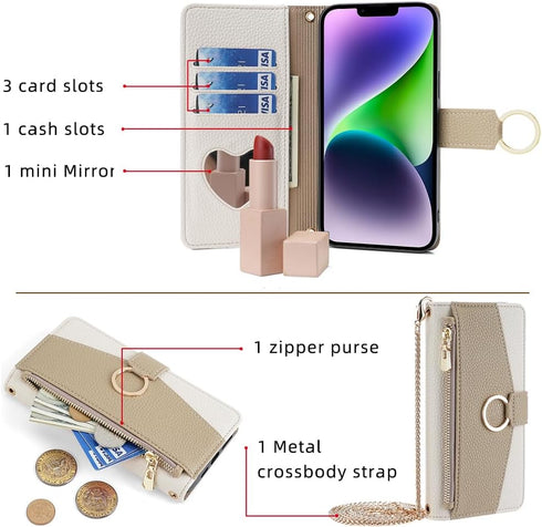 Asuwish Phone Case for iPhone 14 Plus 6.7 inch Wallet Cover with Screen Protector and Mirror Flip Cover Ring Card Holder Crossbody Strap Cell i-Ph...