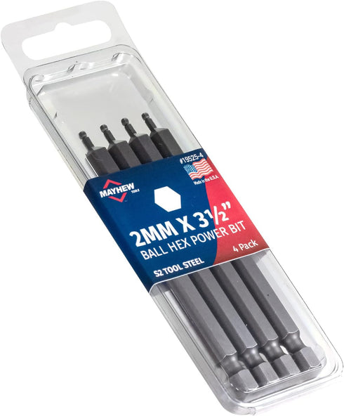 Mayhew Tools 19525-4 USA Metric Ball Hex Power Bit, 2mm x 3.5", 4-Pack...