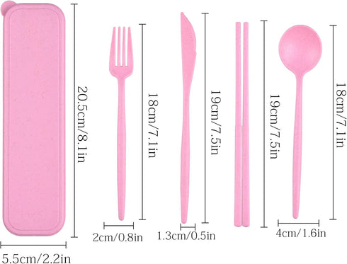 4 Sets Travel Utensils with Case, Reusable Utensils Set with Case, Wheat Straw Travel Chopsticks Knife Spoon and Fork Set, Portable Utensils Set w...