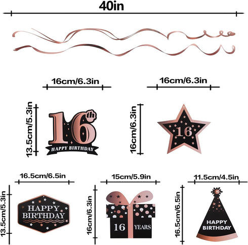 LINGTEER Happy 16th Birthday Decorations - 12 Pcs Birthday Black & Rose Gold Foil Swirls Streamer Set,Cheers to Sixteen Years Old Bday Party Gift ...