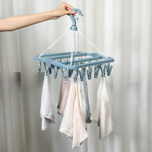 Clothes Drying Hanger with 32 Clips and Drip Foldable Hanging Rack (Light Blue)...