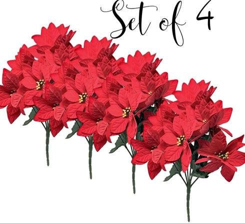 BANBERRY DESIGNS Poinsettia Picks - Set of Poinsettias Stems - 7 Red Christmas Flowers Each - 11" H - Poinsettia Flower Bunch for Decorations - Ho...