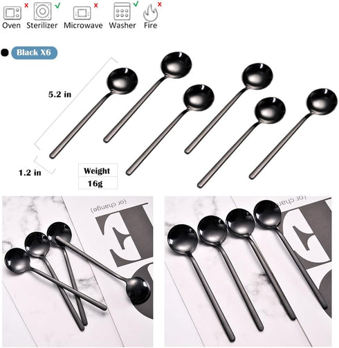 6 PCS Black Coffee Spoons, 18/8 Stainless Steel Espresso Spoons, 5.2 Inches Vogue Mini Tea Spoon, Cappuccino Stirring Small Spoon for Dessert, Ice...