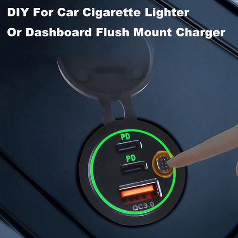 3 Ports 18W USB Car Charger with Switch, 12-24V QC 3.0 USB & Dual PD USB C Cigarette Lighter Socket Outlet, Dashboard Mount Quick Charge Charger f...