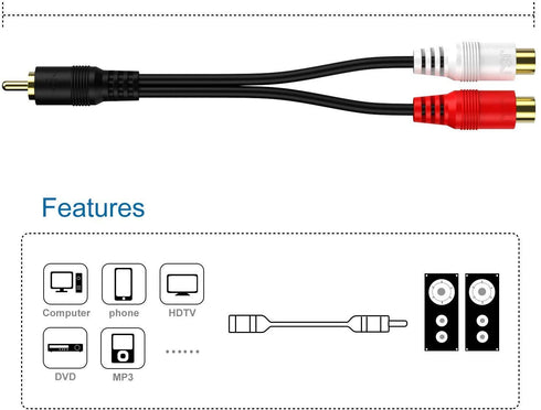 RCA 1 Male to 2 Female Audio Speaker Y Adapter Splitter Cable with OFC Conductor Dual Shielding Gold Plated Metal Shell Flexible PVC Jacket - 2 Pa...