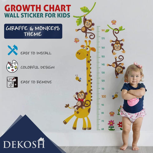DEKOSH Giraffe & Monkeys Kids Height Wall Chart | Peel & Stick Nursery Wall Decals for Baby Bedroom, Toddler Playroom...