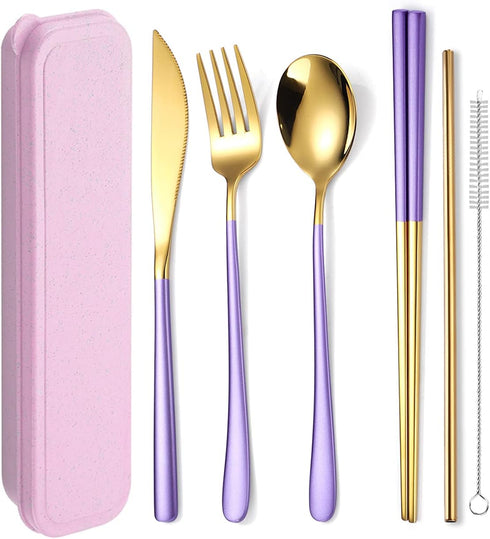 AARAINBOW 6 Pieces 18/8 Stainless Steel Flatware Set Portable Reusable Cutlery Set Travel Utensils Set Including Chopsticks Knife Fork Spoon Straw...
