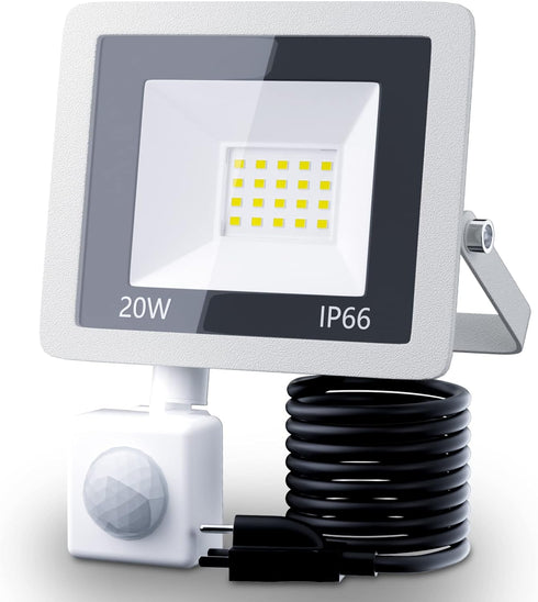 20W Plug in LED Motion Sensor Flood Light, PIR Induction Lamp, Dusk to Dawn Outdoor Auto ON/Off, 6500K Security Spot Daylight, IP66 Rainproof Work...