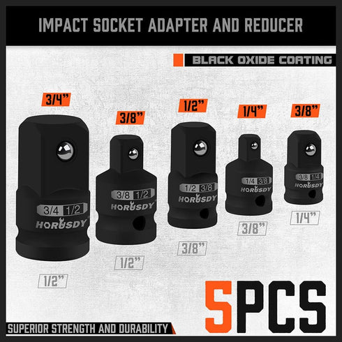 HORUSDY 5-Piece Impact Socket Adapter Set, 1/4, 3/8, 1/2" SAE Socket Adapter, Cr-V Steel Impact Adapter Set...
