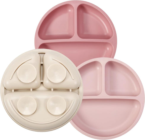 PandaEar 3 Pack Toddler Plates, Silicone Divided Suction Plate for Babies, BPA-Free 100% Food-Grade Silicone Unbreakable Baby Plate (Pink/Linen/Li...