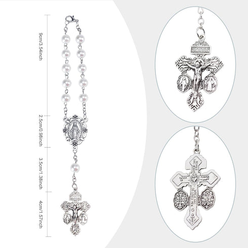 White Pearl Rosary for Car,Pardon Crucifix One Decade Rosary,Medalla Milagrosa Small Car Rosary for Rearview Mirror,Pocket Rosary Crucifijo Cruz D...