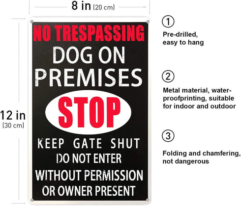 Warning Beware Of Dog Metal Sign No Trespassing Dog On Premises Stop Keep Gate Shut Do Not Enter Without Permission Or Owner Present, Suitable For...