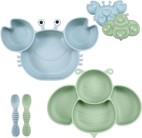 PandaEar 2 Pack Silicone Suction Plates for Baby, Divided Unbreakable Toddler Plate with 2 Pack Spoons for Self Feeding, Babies Utensils Feeding S...