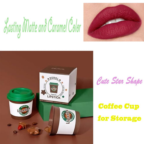 Mini Star Lipstick Set, 6Pcs Cute Long Lasting Matte Lipstick Set, Portable Caramel Color Velvet Lipsticks with Coffee Cup, Suitable for Various M...