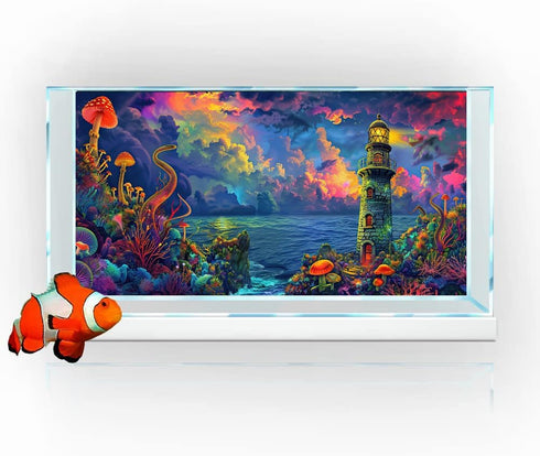 Aquarium Background with Cloud Sky Design, Fantasy Landscape Tapestry Trippy Neon Galaxy Space Fish Tank, Nature Lighthouse Lake Tapestry Wall Han...