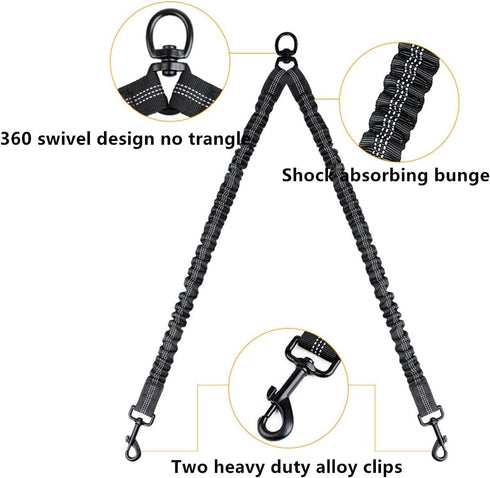 Double Dog Leashes Rope Reflective Dog Leash with Two Shock Absorbing Bungee Trainning Leashes for Two Dogs 360 Swivel No Tangle Dog Leash...