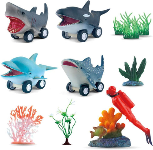 DINOBROS Sea Animal Pull Back Toy Cars Playset Ocean Game Set of 12Pcs Great White Shark Dolphin Killer Whale Toys for boys and toddlers 3 Year Ol...