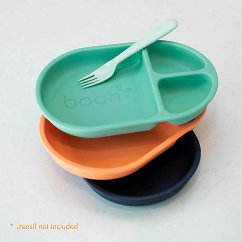 Boon Chow Silicone Plate Set - 3 Unbreakable Divided Toddler Plates - Baby Plates for 6 Months and Up - Baby Led Weaning Supplies - Mint Multicolo...