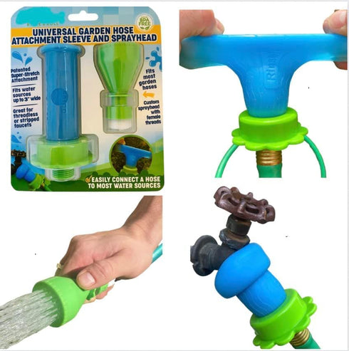 Rinseroo: Stretch-Connect Garden Hose Attachment Sleeve & Sprayhead, Universal Hose Connector — Easily Connect a Hose to Water Sources Upto 3" Wid...