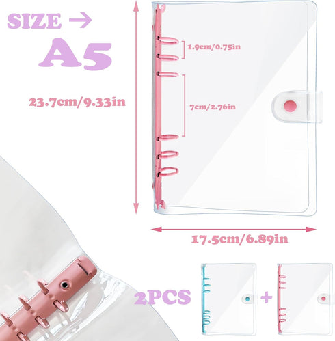A5 Binder 6-Ring Clear Binder Notebook Cover, 2 Pack Pink + Blue Round Ring, A5 Planner Budget Binder with Snap Closure (A5, Clear Cover + Pink/Bl...