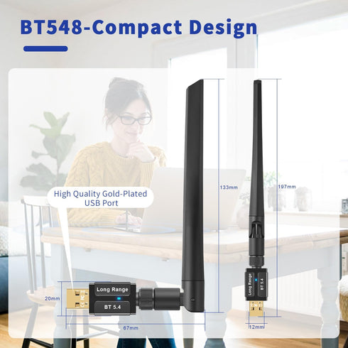 Long Range Bluetooth 5.4 USB Adapter for PC Laptop, Wireless Transmitter Dongle Pair w/Headset Headphones Earbuds Speaker Mice Keyboard Printer fo...