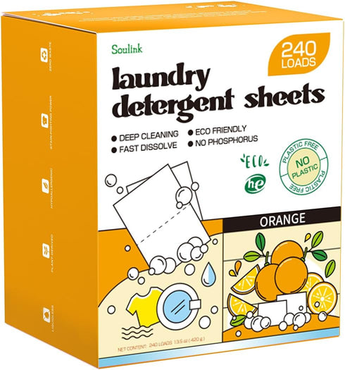 Laundry Detergent Sheets, 240 Loads - Eco-Friendly, Plant-Based, Hypoallergenic, No Plastic Jug (Orange Scent)...