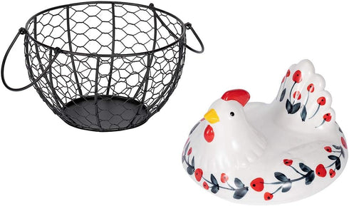 Chicken Design Ceramic Egg Storage Basket Iron Basket Holds 20-25 Eggs, Egg Holder, Organizer Case, Container Egg Basket Holder...