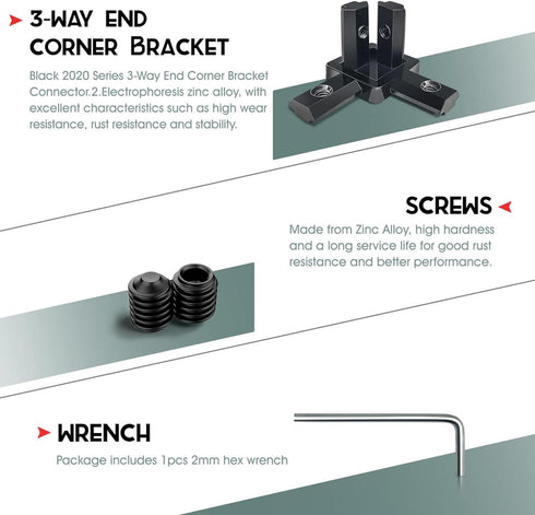 12Pcs Black 2020 Series 3-Way End Corner Bracket Connector with Screws + 1pcs Wrench for Slot 6mm 20S Aluminum Rail Accessories (12)...
