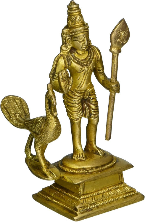 God Murugan Swami Miniature Brass Statue with Peacock, Handcrafted Decor Item for Home, Temple, Gifting & Car, 2.25 x 3 x 4.3 Inches...