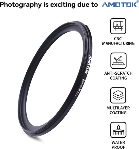 62mm Lens to 58mm Camera Lens Adapter,62mm to 58mm Filter Step up Ring Adapter Ring,Compatible All 58mm Filter Accessory...