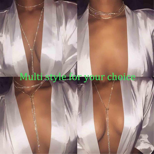 Bling Tennis Chain Necklace Silver Long Rhinestone Choker Necklace CZ Lariat Y Necklace Tie Up Necklace for Women and Girls Nightclub Body Chain J...