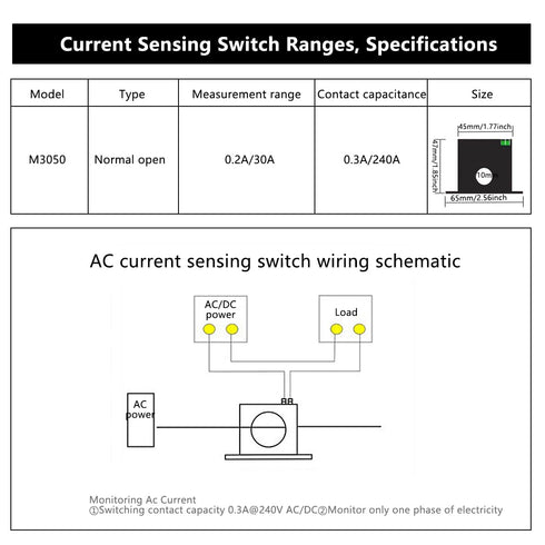 AC Current Sensing Switch, Adjustable Self-Powered Sensing Switch Normally Open Amp Sensor Monitoring Relay for Automated Equipment (0.2-30A)...