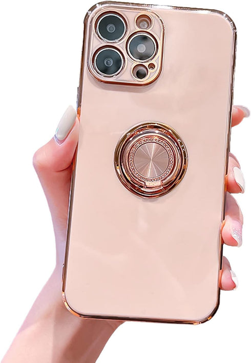 Case for iPhone 15 Pro Max Ring Holder Case with Diamond Shiny Plating Rose Gold Edge Built-in 360 Rotation Magnetic Kickstand for Women Girls Sli...