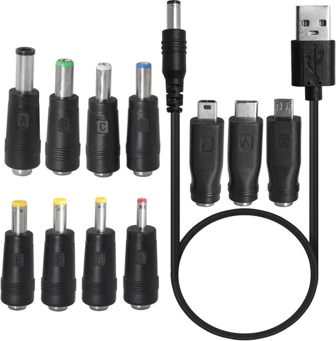 11PCS USB to DC Power Cable with 8 Plug Connectors 5.5x2.1 Multi Function DC Interchangeable Plug 5V Compatible with Cameras Tablets Phones Power ...