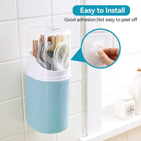 Kitchen Utensil Holder with Cover, 4 Compartment Wall-Mounted Countertop Plastic Silverware Holder Utensil Drying Rack for Cutlery, Chopstick, Spo...