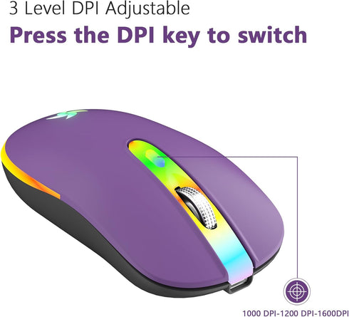 HZD LED Wireless Mouse, Slim Silent Rechargeable Mouse, 2.4G Portable USB Optical Mouse with Type C Adapter, 3 Adjustable DPI Levels 1600/1200/800...