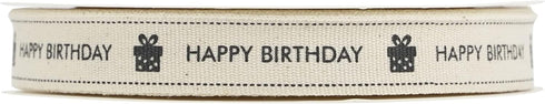 HUIHUANG 3/4 Inch Happy Birthday Cotton Ribbon Natural Fabric Cotton Ribbon for Gift Wrapping Crafts Home Decor Floral Bouquet Party Decoration Ba...
