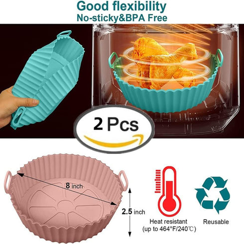 2 Pack Air Fryer Silicone Baking Tray 8inch for 3 to 5 Qt Reusable Non-stick Air Fryer Round Silicone Insert for Air Fryer Easy Cleaning Silicone ...