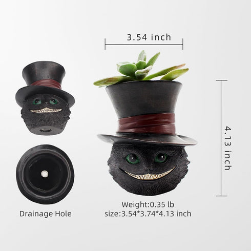 Black Cat Head with Hat Flowerpot Small Cute Animal Air Plants Pot Resin Succulent Pots Ornaments with Drainage Hole Lovely Desktop Greenery Decor...