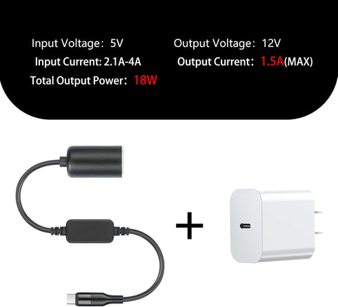 USB C Male to Cigarette,12V /18W, USB C to Cigarette, USB Type C to CigaretteLighter Socket Adapter Power Cable for Radar Detector, Dash Cam, GPS,...