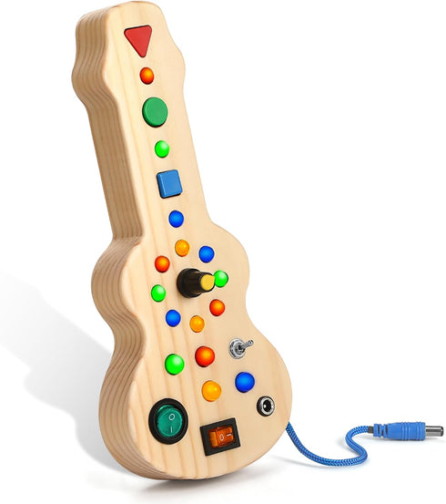 Montessori Toddler Busy Board Toy Busy Board with 15 LED Light Wooden Guitar Busy Board Toy Sensory Toy Light Switch Toy for Toddler and Baby...