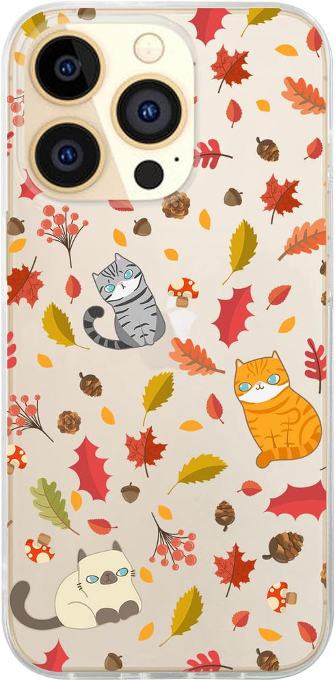Compatible for iPhone 13 Pro Max Case (6.7 inch), Cute Cat Design with Autumn Leaves Pattern Fall Animal Style Transparent Soft TPU Protective Cle...
